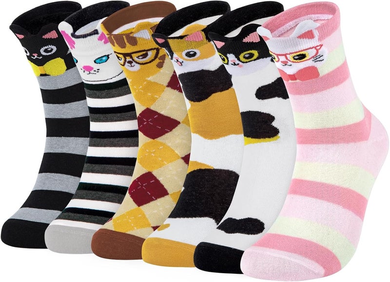 Socksfad Store 5-6 Pairs Women's Cute Cat Socks Gifts, Funny Novelty Animal Print Crew Cotton Socks Christmas Gifts for Women Girls - Image 1